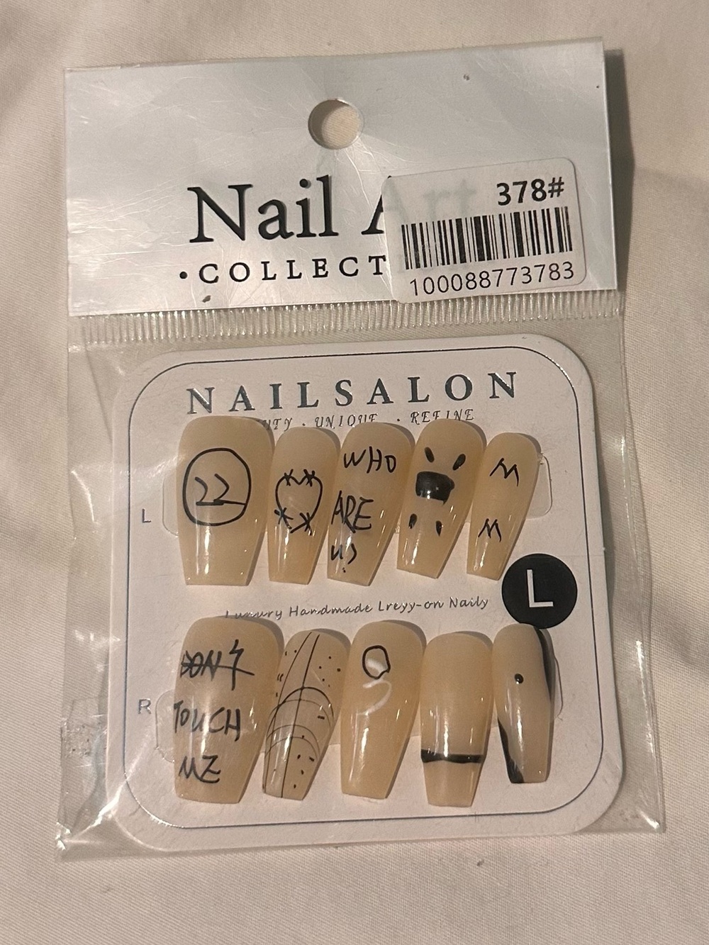 Nail Salon Press-On Nails Set in Beige with Black Doodles